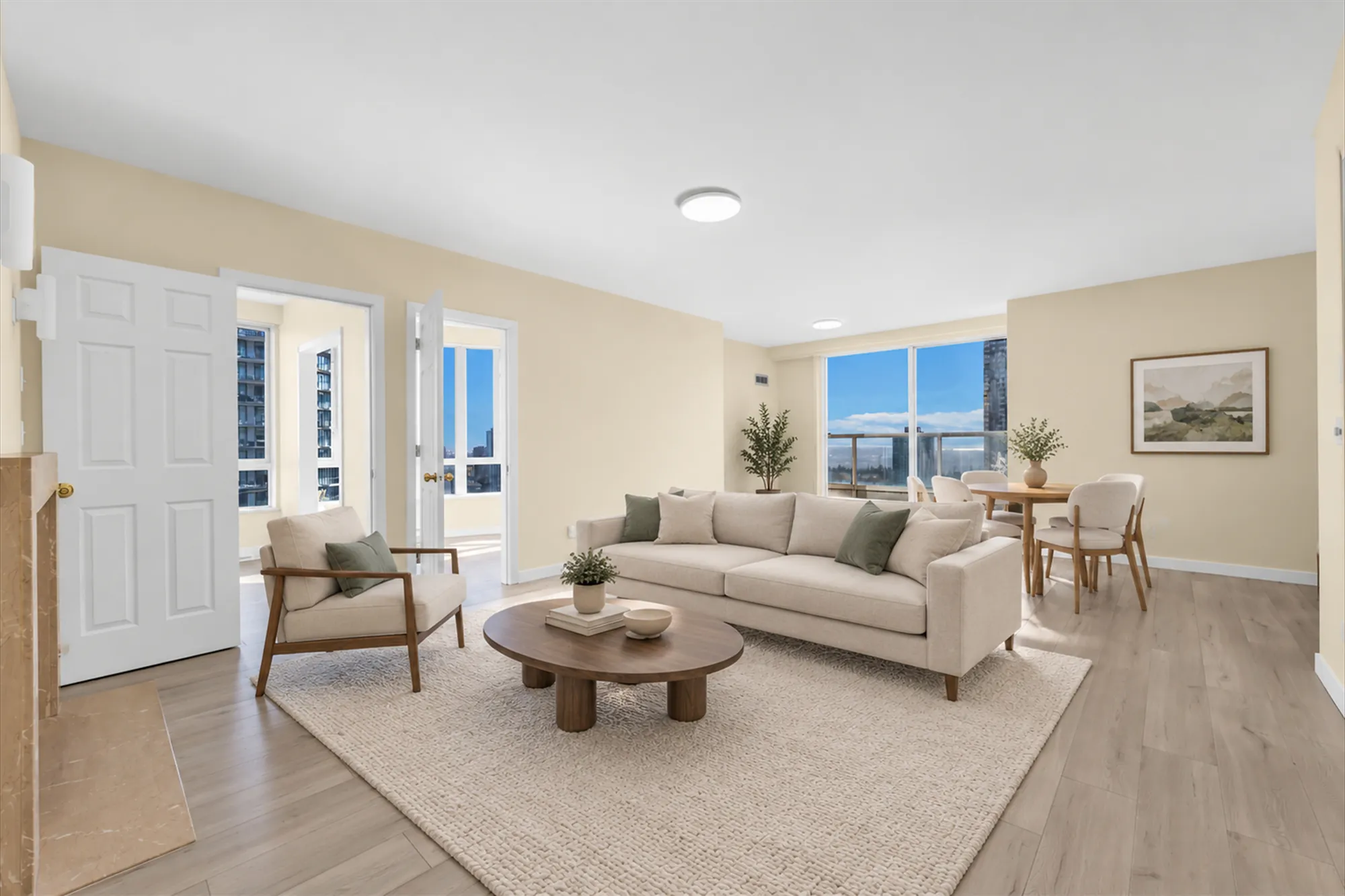 The living and dining area toward the dining window, virtually staged: a sofa, an armchair and a round coffee table on a rug, a dining table with four chairs by the window, the city beyond; white doors to the bedrooms at the left