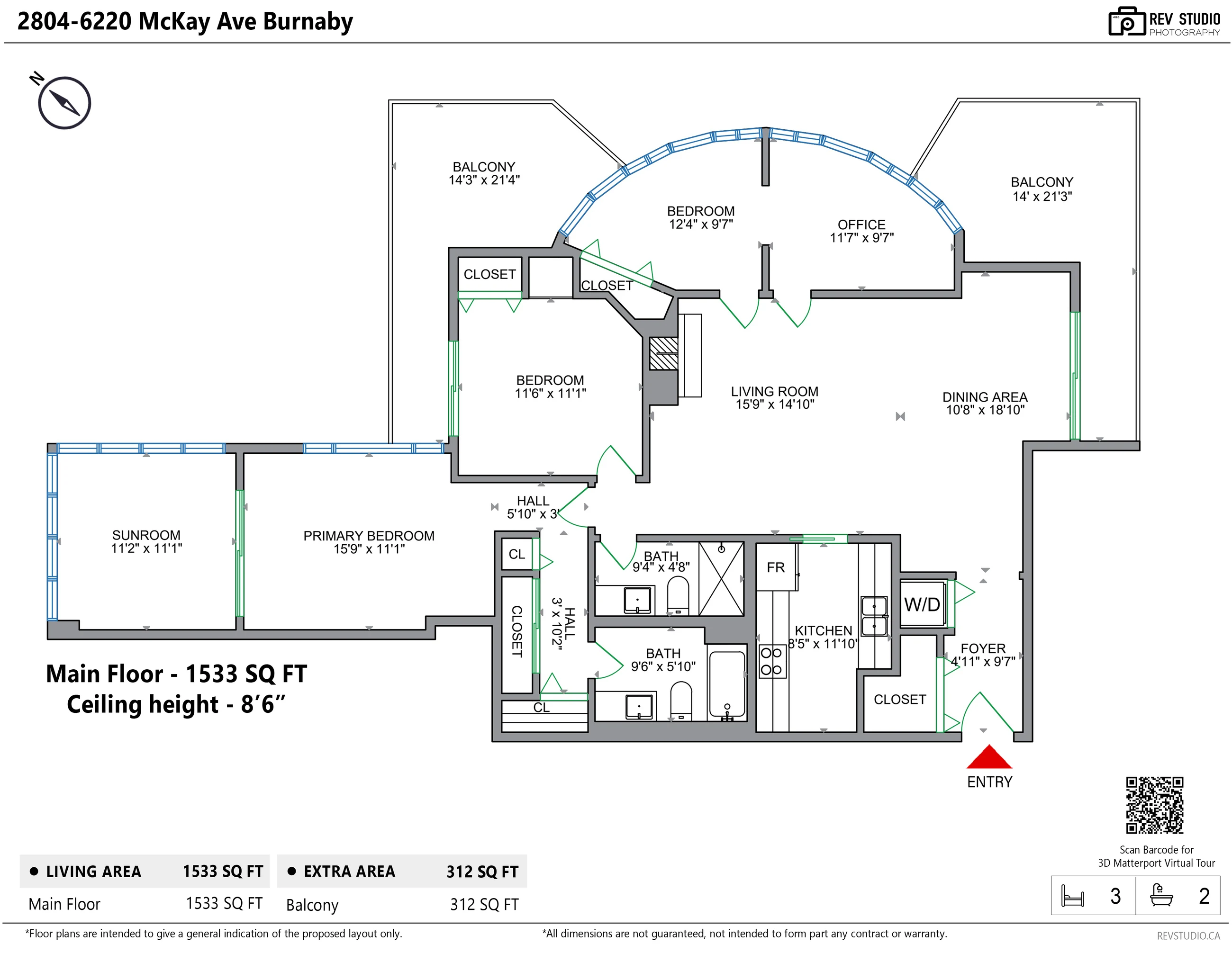 Floor plan of 2804-6220 McKay Avenue: the entry with the washer and dryer, the kitchen, the living room and dining area, two bedrooms and a den, the primary bedroom and the sunroom, two bathrooms, closets and two balconies
